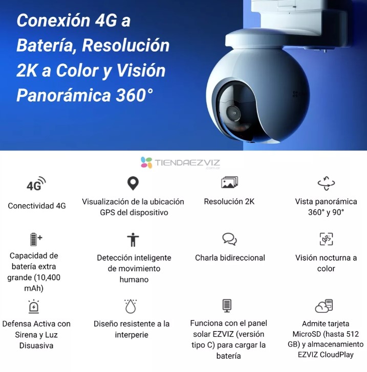 EZVIZ CS-EB8/SP-R100 CAMARA PT 4G EXTERIOR BATERIA 2K GPS COLOR VU