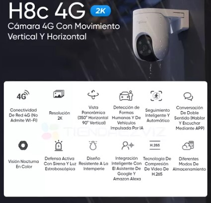EZVIZ H8C 3MPX 4G R200-1K3KFL4GA WIFI + NANO SIM 4G PTZ MOVIMIENTO COLOR VU