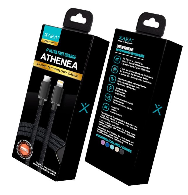 Xaea Athenea Cable Usb Tipo C A Lightning Beige/Negro Ultra Fast 5 Núcleos 1Mt 